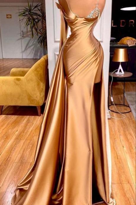 gold beaded evening dresses long satin sexy formal party dresses abendkleider simple cheap evening gown robe de soiree femme