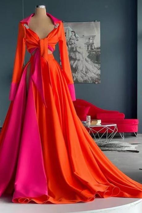 arabic prom dresses long sleeve two tone beaded elegant satin a line prom gown robes de cocktail vestidos elegantes para mujer