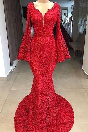long sleeve red lace evening dresses for women mermaid flare sleeve elegant mermaid evening gown abendkleider vestidos de fiesta