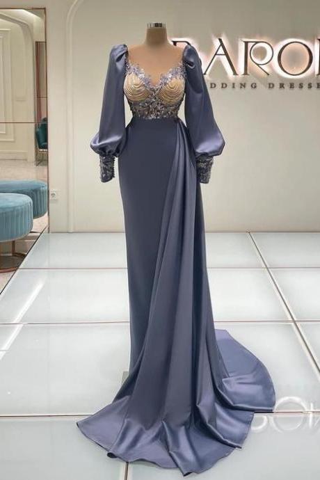 robe de soiree femme long sleeve beaded prom dresses for women elegant vintage muslim modest arabic prom gown vestidos elegantes para mujer 