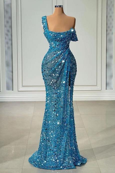 one shoulder sparkly evening dresses long mermaid blue sexy formal party dresses robe de soiree vestidos de fiesta 