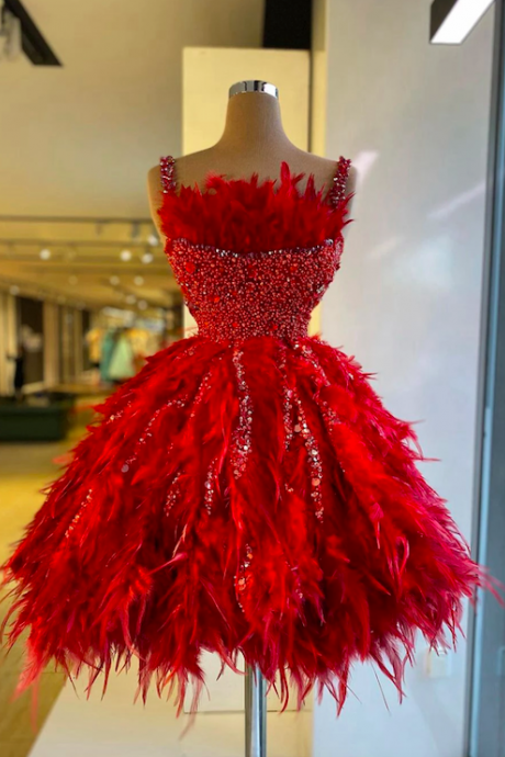 Red Feather Prom Dresses Short Cocktail Dress Beaded Prom Ball Gown Robes De Cocktail Vestidos De Fiestas De Noche Para Mujer