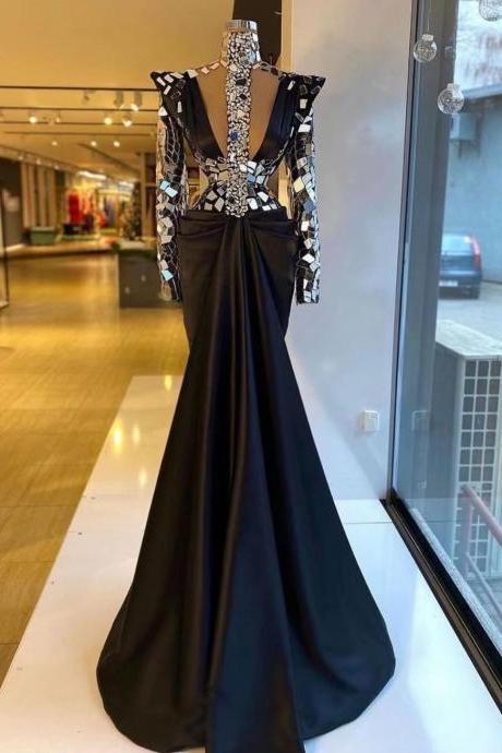 mirror crystals black evening dresses long sleeve modest elegant luxury evening gown robe de soiree femme abendkleider 