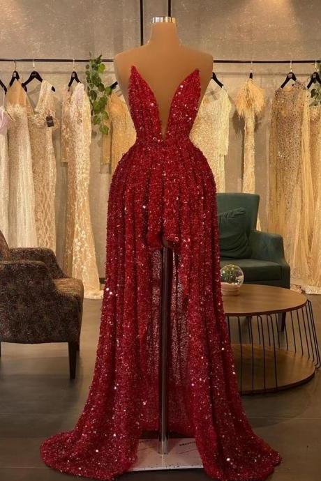 Vestidos De Ocasión Formales Sparkly Red Prom Dresses High-low Glitter V Neck Elegant Prom Gown Robes De Cocktail