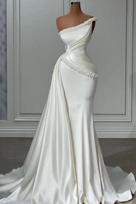 Vestidos De Novia One Shoulder Saudi Arabic Wedding Dresses For Bride Beaded Elegant Satin White Bridal Dresses Robe De Mariage