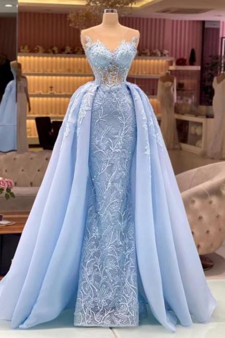 Blue Lace Applique Prom Dresses With Detachable Skirt Elegant Simple Luxury Prom Gown Robe De Soiree Femme Vestidos De Fiesta De Longo