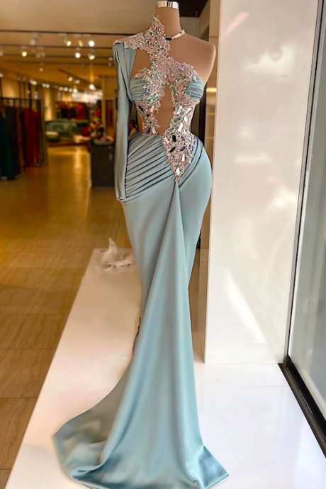 One Shoulder Blue Evening Dresses Long Lace Applique Beaded Mermaid Modest Formal Dresses Abendkleider Mirror Crystals Evening Gown