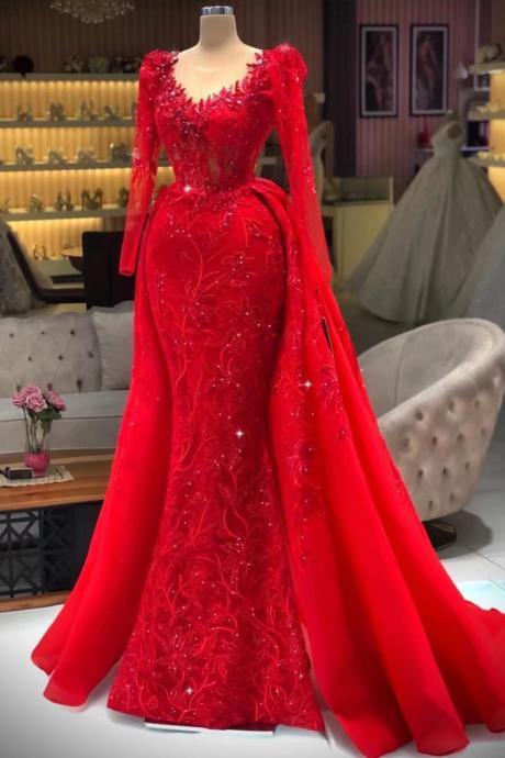 Vestidos De Fiesta Red Lace Applique Prom Dresses V Neck Long Sleeve Elegant Detachable Skirt Prom Gown Robes De Soiree Femme
