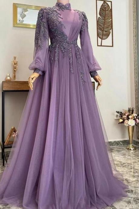 Purple Prom Dresses, Elegant Prom Dresses, Muslim Prom Dresses, High Neck Prom Dress, Prom Dresses, A Line Prom Dresses, Vestidos De Fiesta De