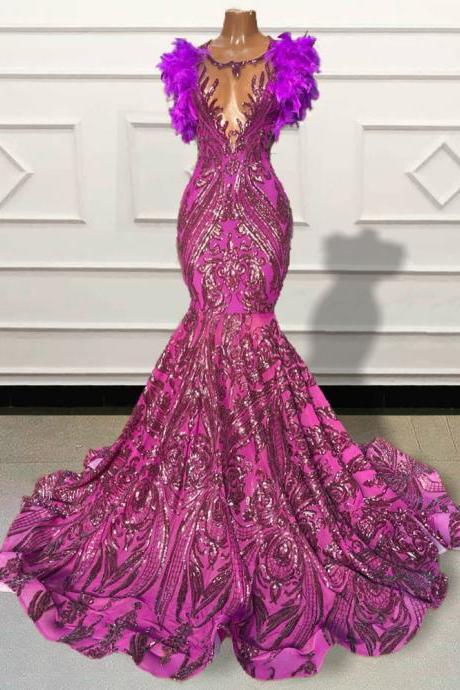 Hot Pink Sparkly Lace Applique Evening Dresses Long Modest African Feather Luxury Evening Gown Vestido De Noche Abendkleider Robe De Soiree Femme