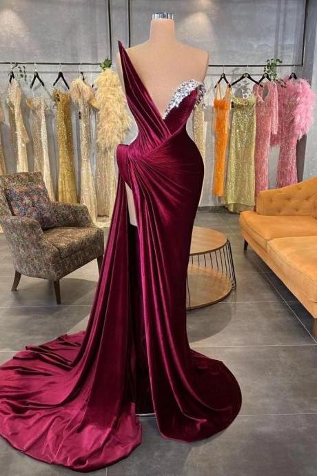 Burgundy Evening Dresses Long Beaded Elegant Mermaid Luxury Sparkly Modest Formal Occasion Dresses Vestidos De Fiesta