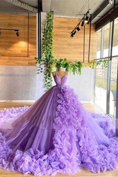 Robe De Bal Purple Prom Dresses Ball Gown Spaghetti Strap Beaded Tulle Tiered Elegant Prom Gown Vestidos De Cocktail Vestidos De Ocasión