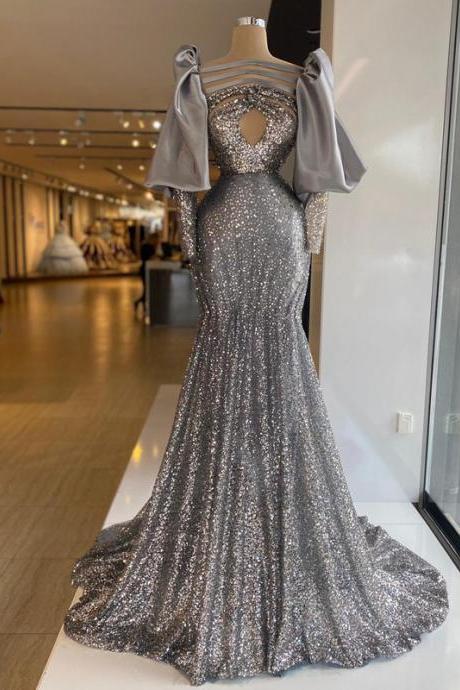 sparkly silver sequins evening dresses long sleeve modest mermaid luxury glitter elegant simple evening gown abendkleider robe de soiree femme 