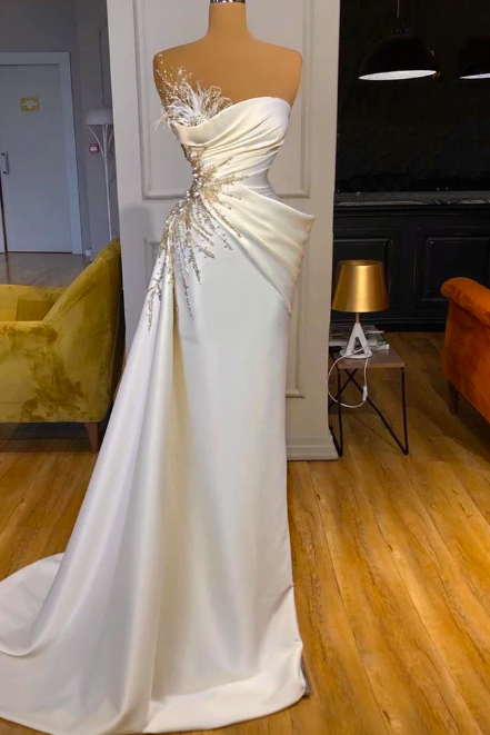 feather luxury evening dresses 2023 long off white beaded elegant mermaid simle evening gown formal occasion dresses 2024 vestidos de novia