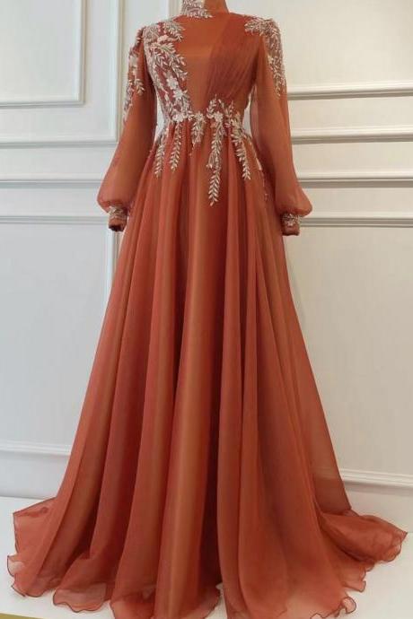 vestido elegante mujer para fiesta high neck muslim prom dresses long sleeve lace applique a line tulle simple cheap prom gown robe de bal 