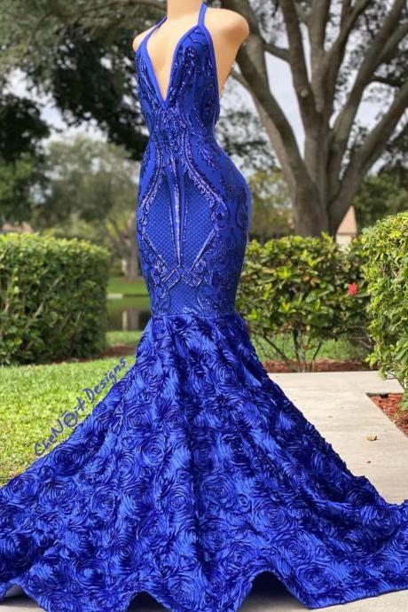 Halter Evening Dresses Long Royal Blue Sparkly Lace Applique Floral Mermaid Evening Gown Robe De Soiree Femme Vestido De Noche فستان