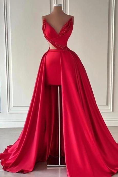 Red Prom Dreses With Overskirt Beaded V Neck Sparkly Elegant Simple Custom Make Prom Gown Robe De Bal Vestidos De Fiesta
