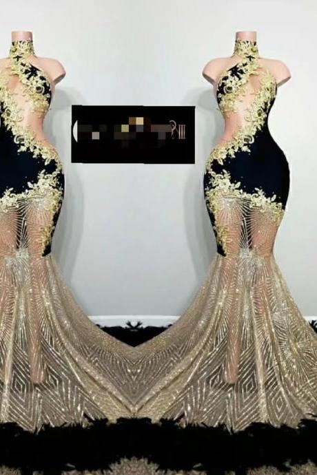 African Black And Gold Evening Dresses Long High Neck Sexy Sparkly Feather Lace Applique Formal Occasion Dresses Robe De Soiree Femme
