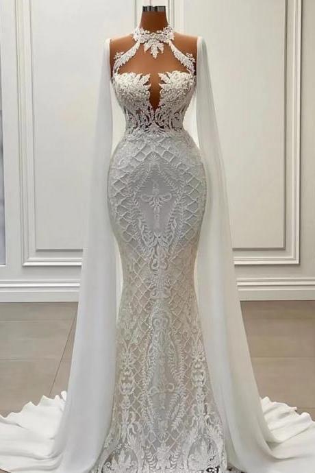 Wedding Dresses For Women 2024 Bride Muslim Dubai Fashion Wedding Gown Lace Applique Elegant Off White Bridal Dresses With Cape 2025