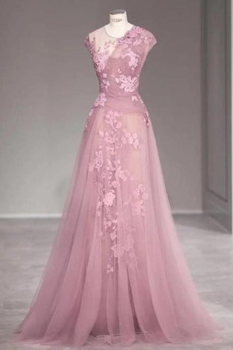 Pink Lace Applique Prom Dresses A Line Simple Cap Sleeve Elegant Tulle Gorgeous Prom Gown Formal Occasion Dresses