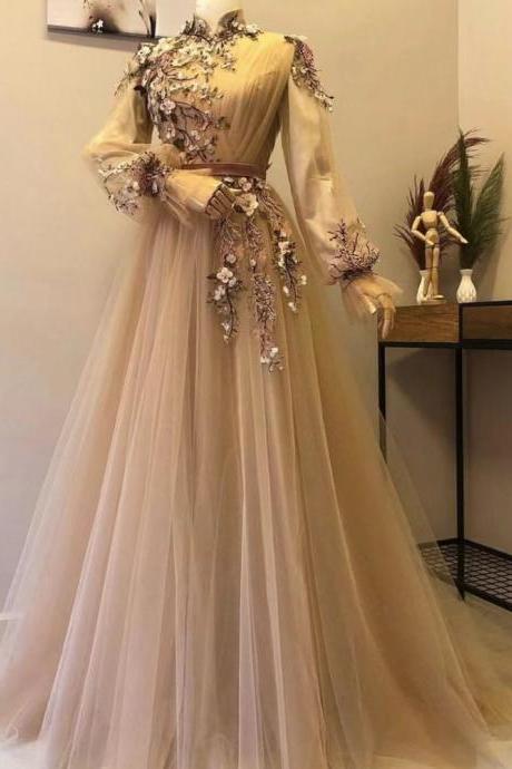 Gold Prom Dresses Long Sleeve Embrodiery Applique A Line Tulle Elegant Prom Gown Robes De Cocktail Vestidos De Noche