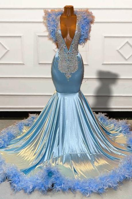 luxury evening dresses vestidos de fiesta blue beaded feather luxury evening gown robe de soiree femme mermaid prom dresses abendkleider 