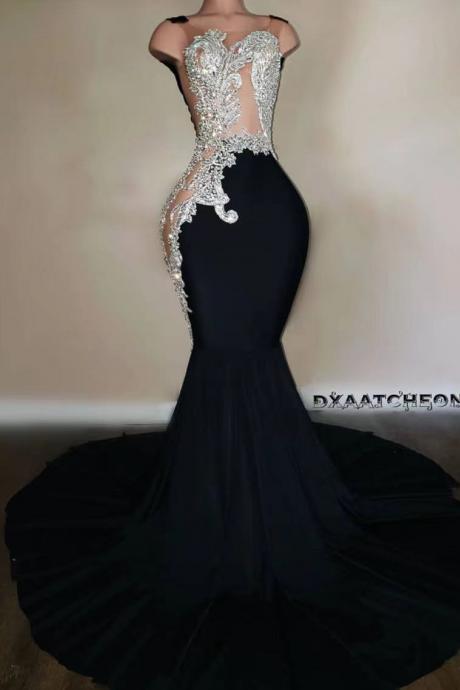 Black Evening Dresses Long Modest Beaded Applique Mermaid Elegant Luxury Formal Occasion Dresses Vestidos De Noche