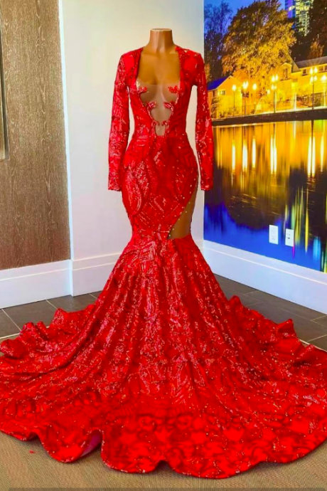Vestidos De Fiesta Red Sparkly Applique Evening Dresses Long Sleeve Mermaid Luxury Modest Elegant Formal Occasion Dresses Robe De Soiree Femme