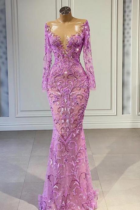 Pink Lace Applique Evening Dresses For Women Beaded Elegant Mermaid Sheer Neck Elegant Luxury Evening Gown Abendkleider Vestidos De Noche