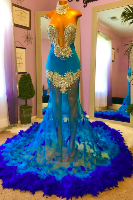 Abendkleider Luxus 2023 Blue Feather Evening Dresses Luxury Crystals Beaded Elegant Formal Occasion Dresses Robe Femme Soirée 2024
