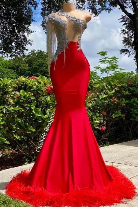 one shoulder tassel evening dresses for women abendkleider beaded mermaid red feather luxury formal occasion dresses vestidos de fiesta 