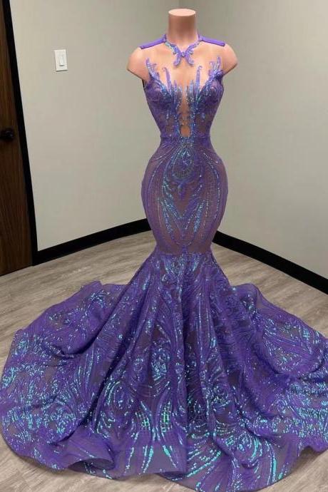 Purple Glitter Evening Dresses For Women 2024 Fashion Mermaid Sparkly Applique Elegant Modest Formal Occasion Dresses Prom Dresses 2023 Luxury