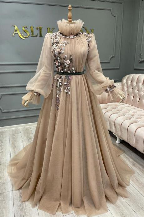 Ladies Dresses For Special Occasions Champagne Arabic Prom Dresses Long Sleeve Embrodiery Applique Elegant Muslim Prom Gown Robes De Bal