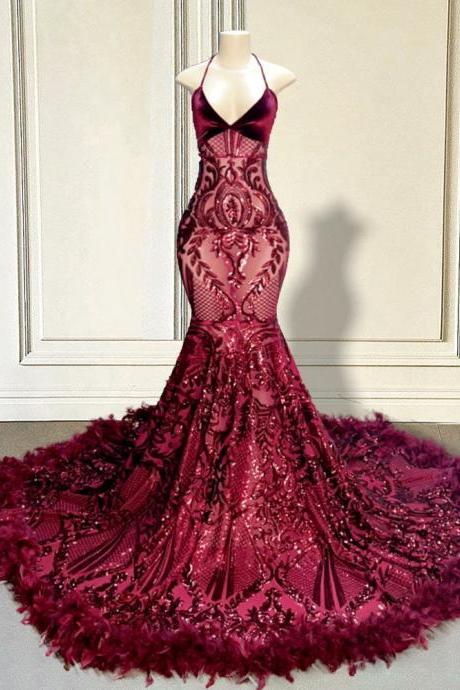 halter burgundy prom dresses long feather sparkly applique custom make mermaid formal occasion dress evening dress vestidos de fiesta 