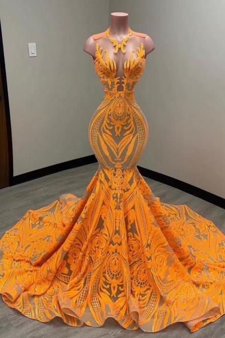 Sparkly Applique Prom Dresses Long Mermaid Modest Orange Elegant Custom Make Formal Occasion Dresses Abendkleider Luxus 2024 Prom Gown 2025