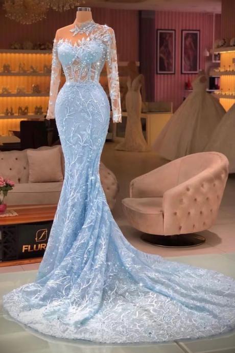 High Neck Blue Prom Dresses Long Sleeve Lace Applique Beaded Modest Elegant Mermaid Prom Gown Formal Occasion Dresses Vestidos De Fiesta