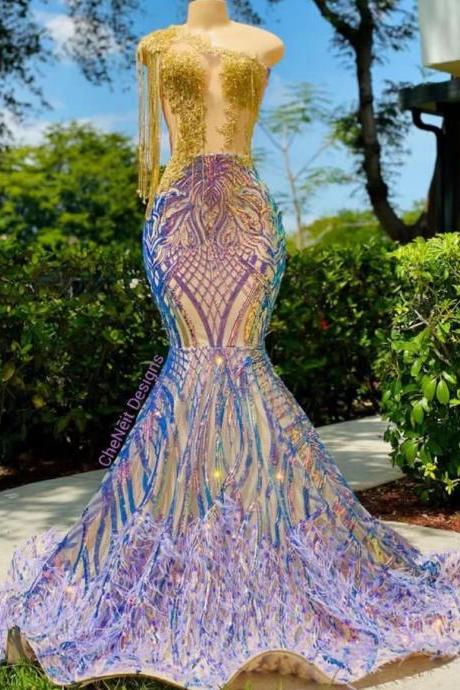 One Shoulder Gold Lace Evening Dresses 2024 Beaded Tassels Mermaid Sparkly Purple Sequin Applique Feather Special Occasion Dresses Abendkleider