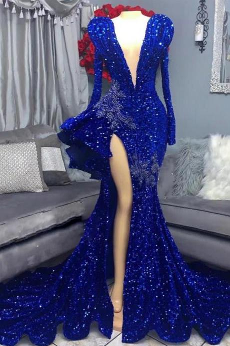 modest mermaid fashion prom dresses long sleeve v neck royal blue sparkly glitter beaded applique formal occasion dresses vestidos de fiesta robes de bal