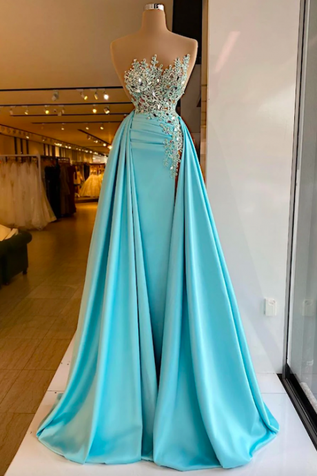 robes de bal prom dresses 2023 turquoise blue beaded applique prom gown with train vestidos de graduación 2024 abendkleider 
