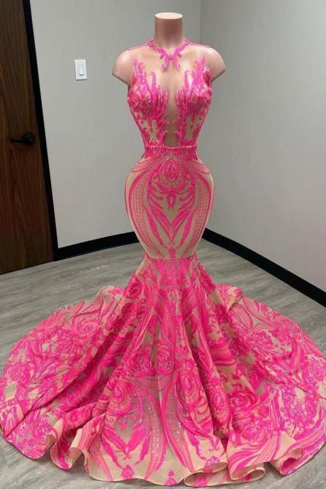 hot pink sparkly applique prom dresses for black girls 2024 long mermaid elegant sleeveless modest formal party dresses vestidos de fiesta abendkleider luxus 2023
