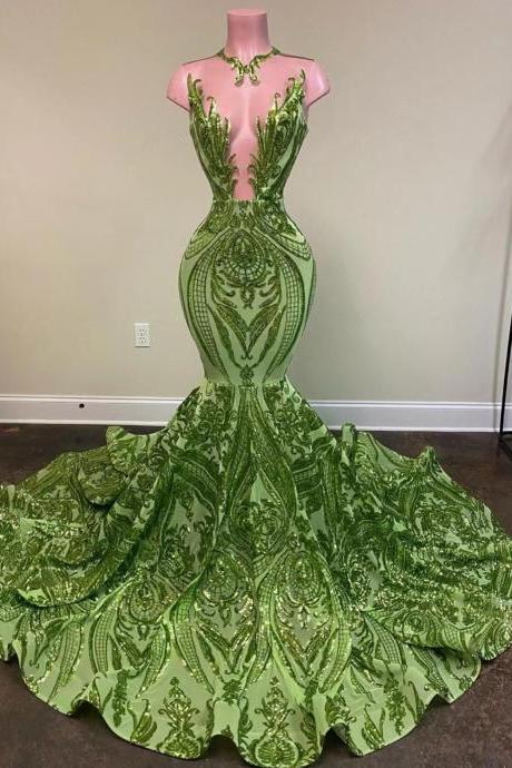 Vestidos De Noche Green Prom Dresses 2024 Mermaid Modest Sparkly Sequin Applique Elegant Sleeveless Formal Occasion Dresses Vestido Feminino