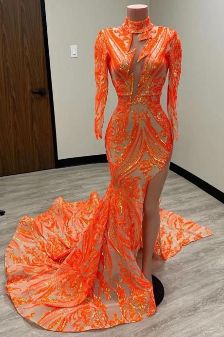 High Neck Orange Prom Dresses 2024 Long Sleeve Elegant Modest Sparkly Applique Mermaid Gorgeous African Formal Occasion Dresses Vestidos De
