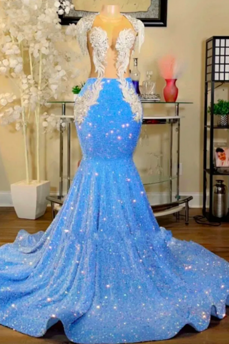 Vestidos De Fiesta Elegantes Para Mujer 2024 Sparkly Blue Elegant Prom Dresses For Black Girls 2025 Beaded Applique Glitter Tassels Mermaid Prom