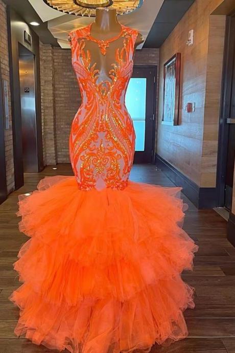 Tiered Sparkly Applique Prom Dresses Long Vestidos De Fiesta Mermaid Orange Elegant Prom Gown Cocktail Dresses Vestidos De Ocasión Formales
