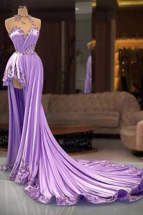 special occasion dresses 2023 high neck purple beaded prom dresses for women 2024 lace applique high low elegant sexy party dresses robe de soiree femme 