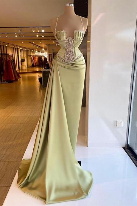 spaghetti straps beaded prom dresses 2023 green satin simple elegant custom make prom gown with overskirt 2024 evening dresses vestido de fiesta de boda