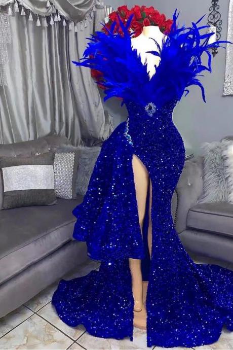 Feather Luxury Prom Dresses For Women, V Neck Sparkly Sequined Royal Blue Mermaid Prom Gown, With Side Slit Sexy Party Dresses Evening Wear,