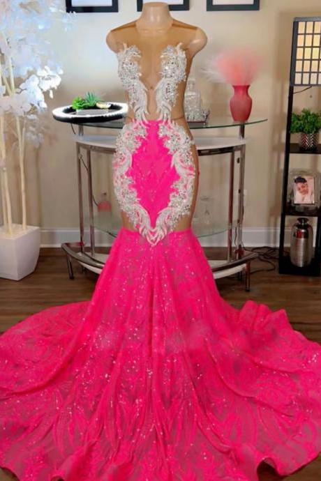 Vestidos De Ocasión Formales Special Occasion Dresses Modest Mermaid Prom Dresses 2023 Elegant Hot Pink Sparkly Glitter Beaded Formal Party
