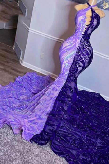 halter purple prom dresses for black girls 2024 mermaid modest sparkly applique elegant formal occasion dresses abendkleider vestidos de fiesta elegantes para mujer 2025
