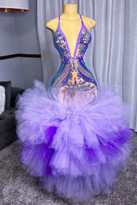 Robes De Bal Purple Halter Prom Dresses For Black Girl Fashion Sparkly Tiered Party Dresses Vestidos De Graduacionladies Dresses For Special